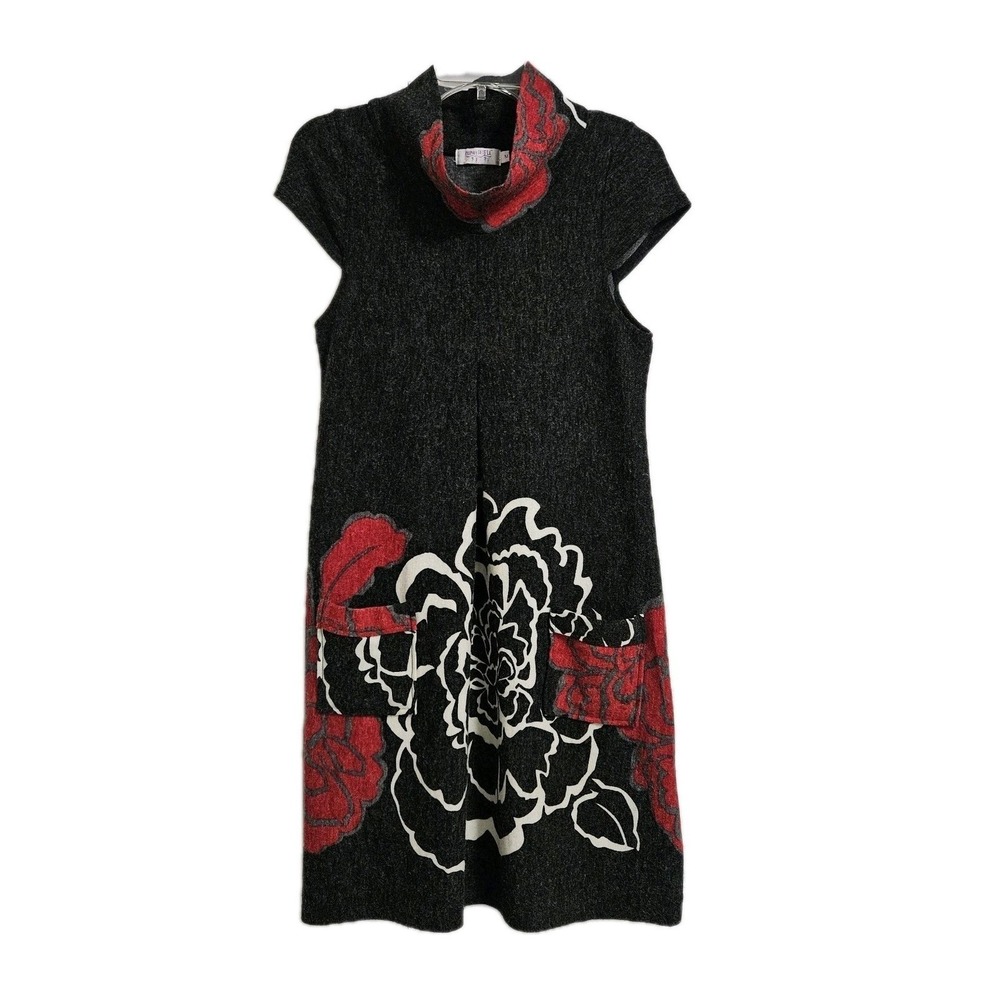 Funky People Sweater Dress Women M Grey Floral Cowl Neck Cap Sleeve Knit Pockets